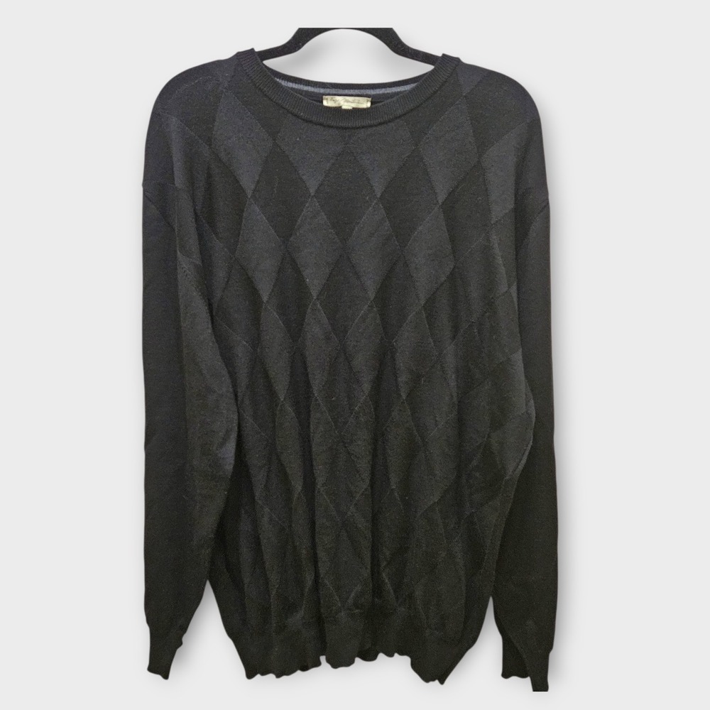 Enzo Montovani Mens XXL Black Argyle 100% Merino ExtraFine Wool Sweater Italy